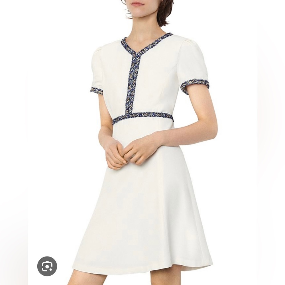 REYAN TWEED-TRIMMED FAILLE MINI DRESS IN WHITE like new size 34